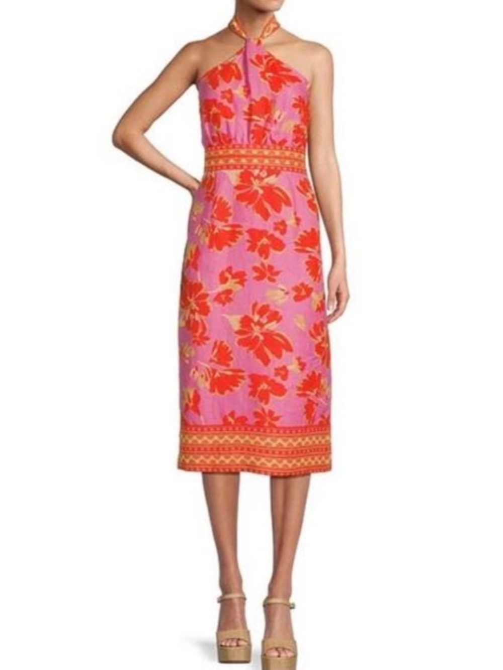 NWT Antonio Melani Pink Orange Floral Halter Midi Dress Size 2